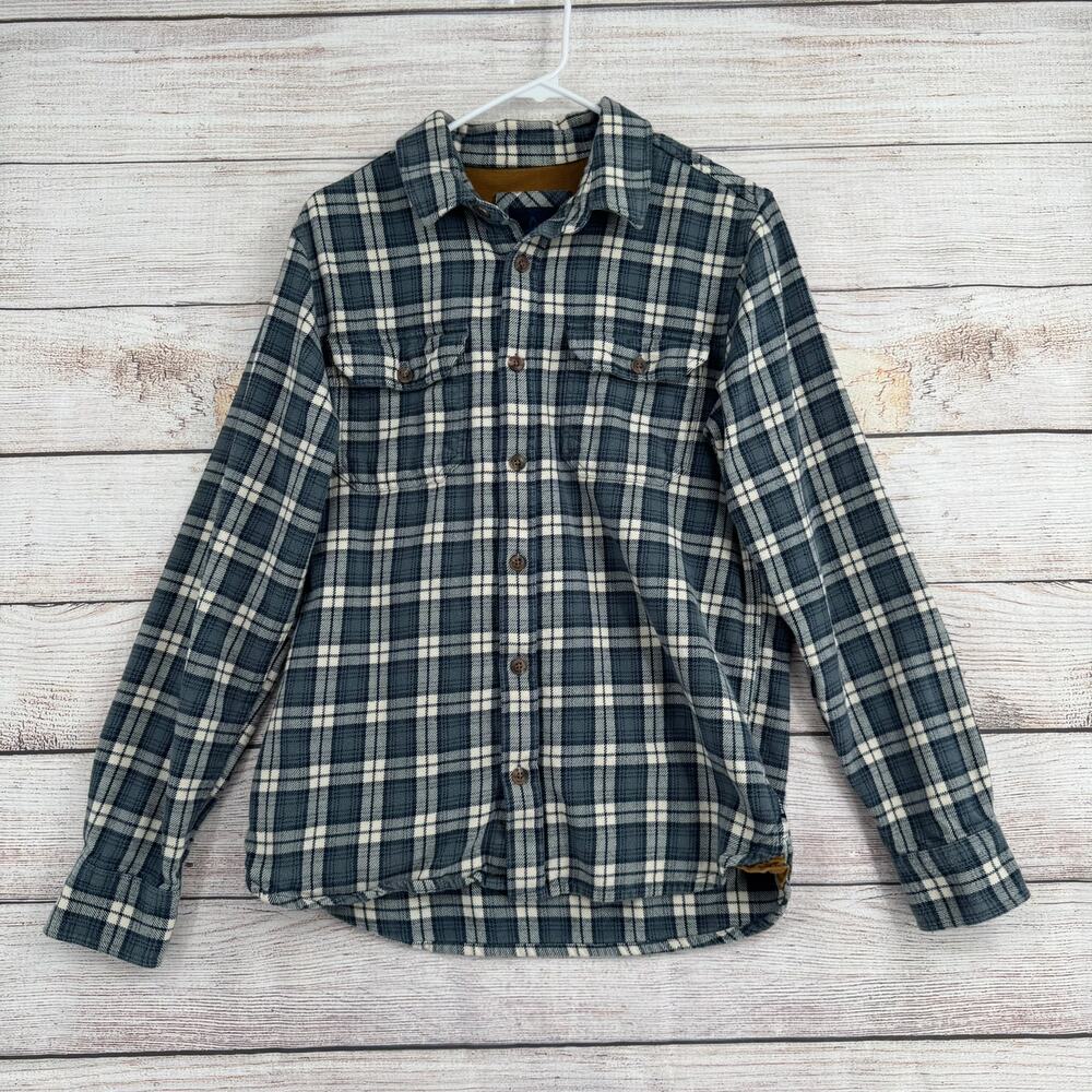prAna Ansel Flannel Shirt Mens Small Blue White Plaid Long Sleeve Button Front